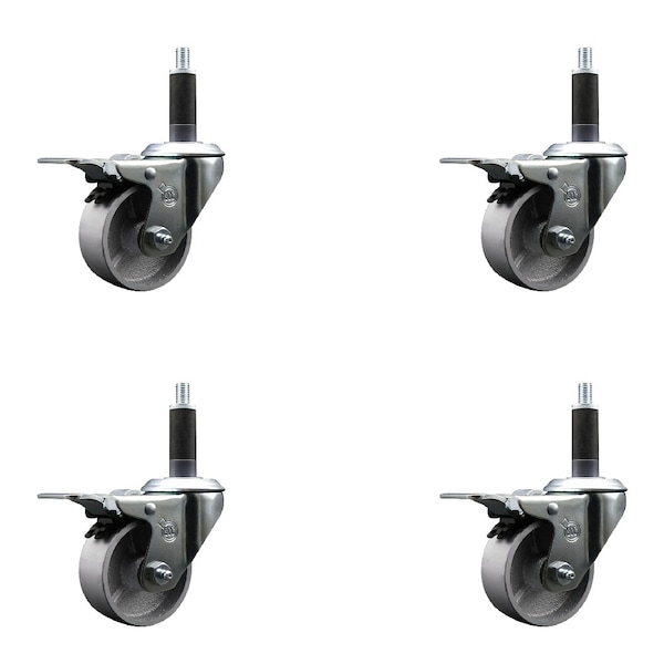 3'' Semi Steel Swivel 1'' Expanding Stem Caster Set Total Lock Brake, 4PK